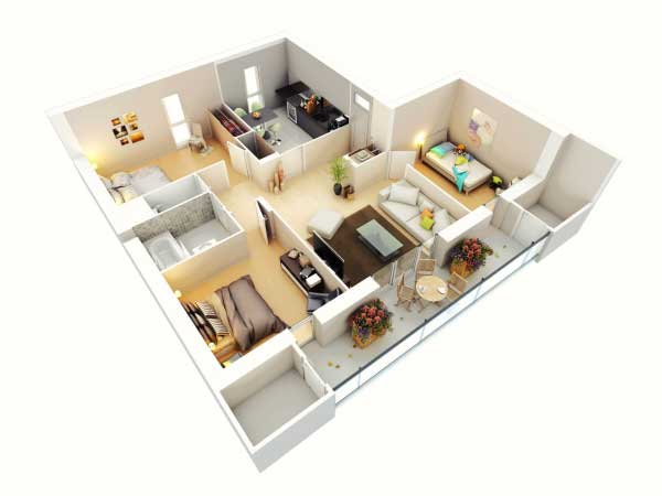 25款三居室户型装饰效果图模型1
