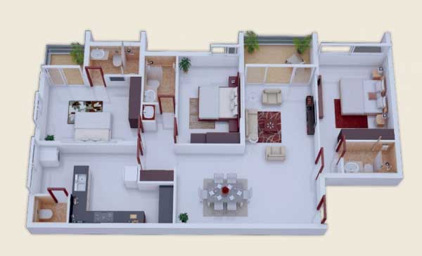 25款三居室户型装饰效果图模型12