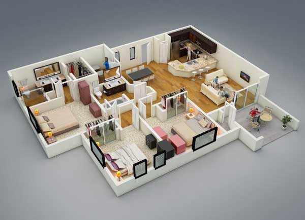 25款三居室户型装饰效果图模型4